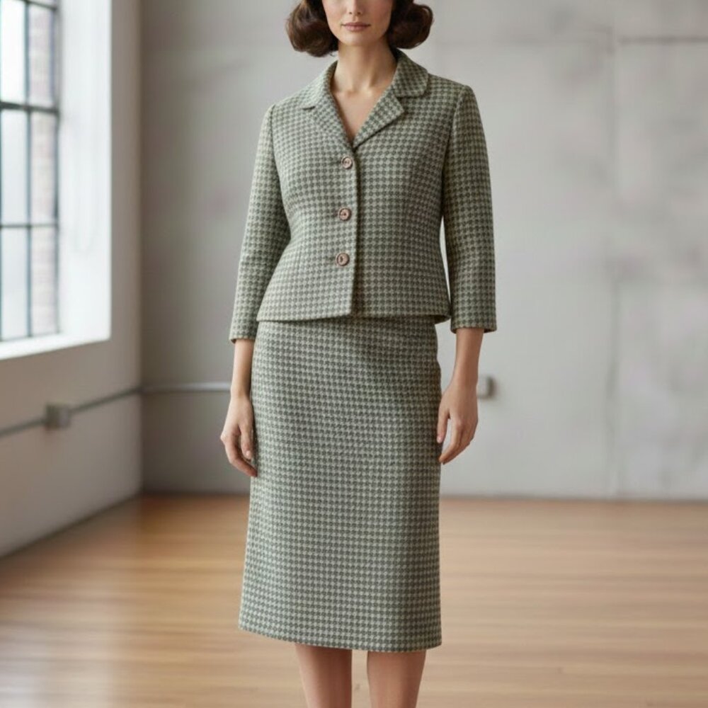 Vintage 50s 60s Skirt and Jacket Two Piece Set Green and Blue Tweed Womens Sz S